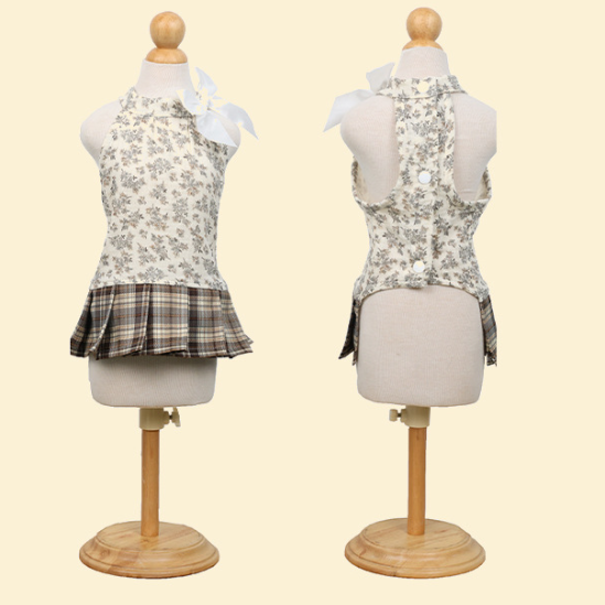 Floral Cottagecore Dog Dress with Plaid Skirt – Vintage Two-Piece Set for Small Dogs | HoppePet