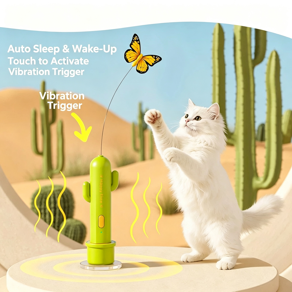 3‑in‑1 Automatic Cactus Cat Toy, Rechargeable Interactive Feather Butterfly Wand with Laser Pointer for Indoor Cats