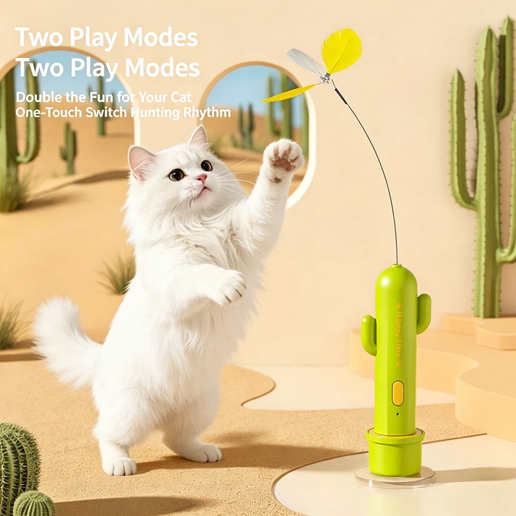 3‑in‑1 Automatic Cactus Cat Toy, Rechargeable Interactive Feather Butterfly Wand with Laser Pointer for Indoor Cats