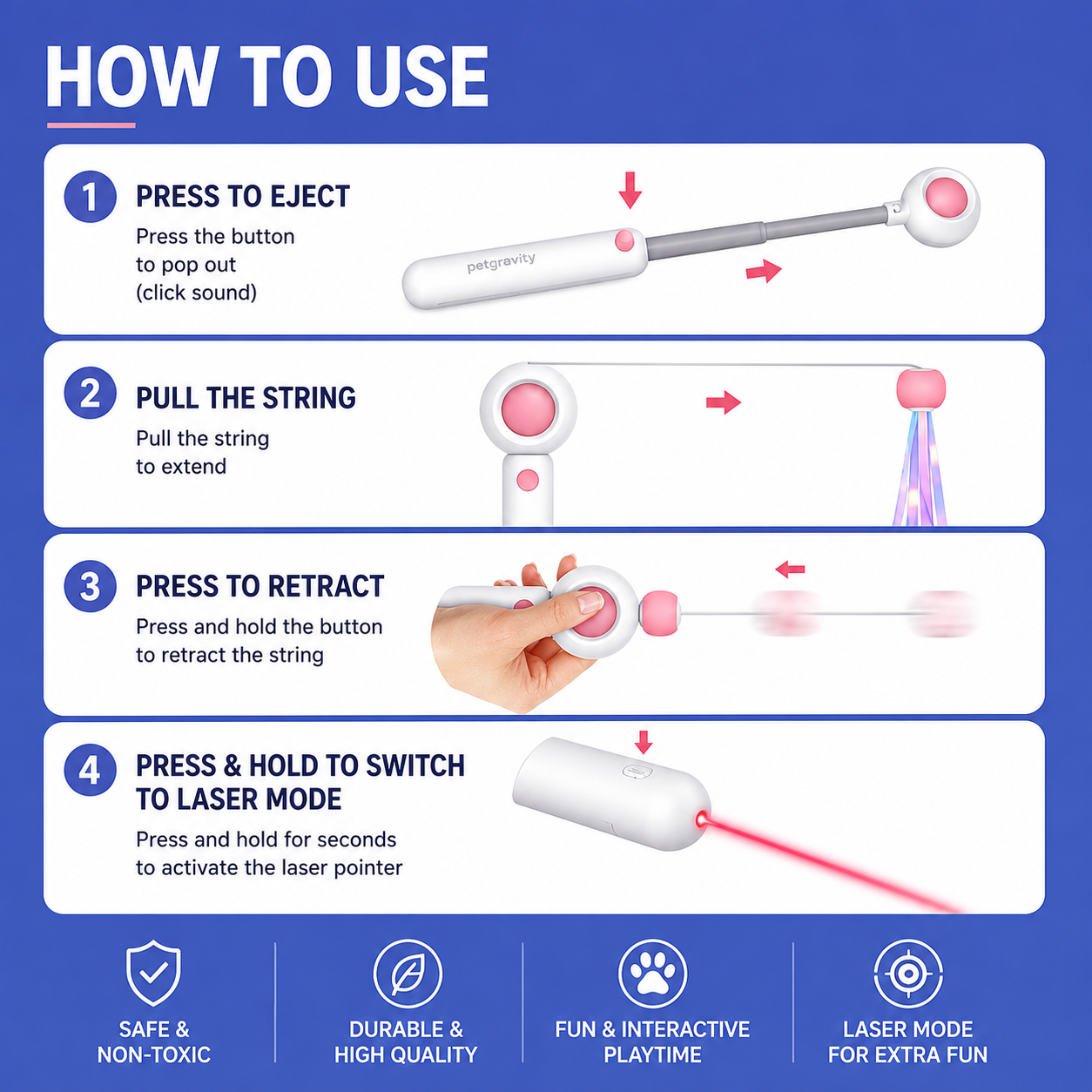 Rechargeable Interactive Laser Cat Toy with Telescopic Wand & Replaceable Teaser Attachments