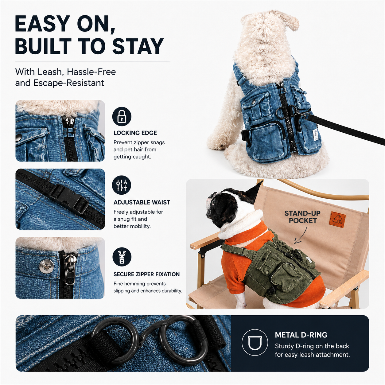 Denim Dog Harness Vest – Adventure Utility Jacket with D-Ring | HoppePet