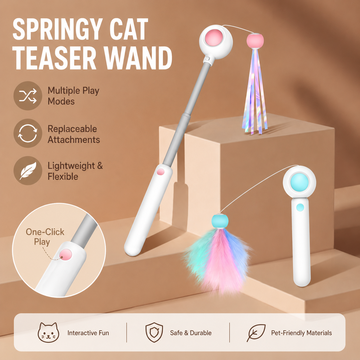 Rechargeable Interactive Laser Cat Toy with Telescopic Wand & Replaceable Teaser Attachments