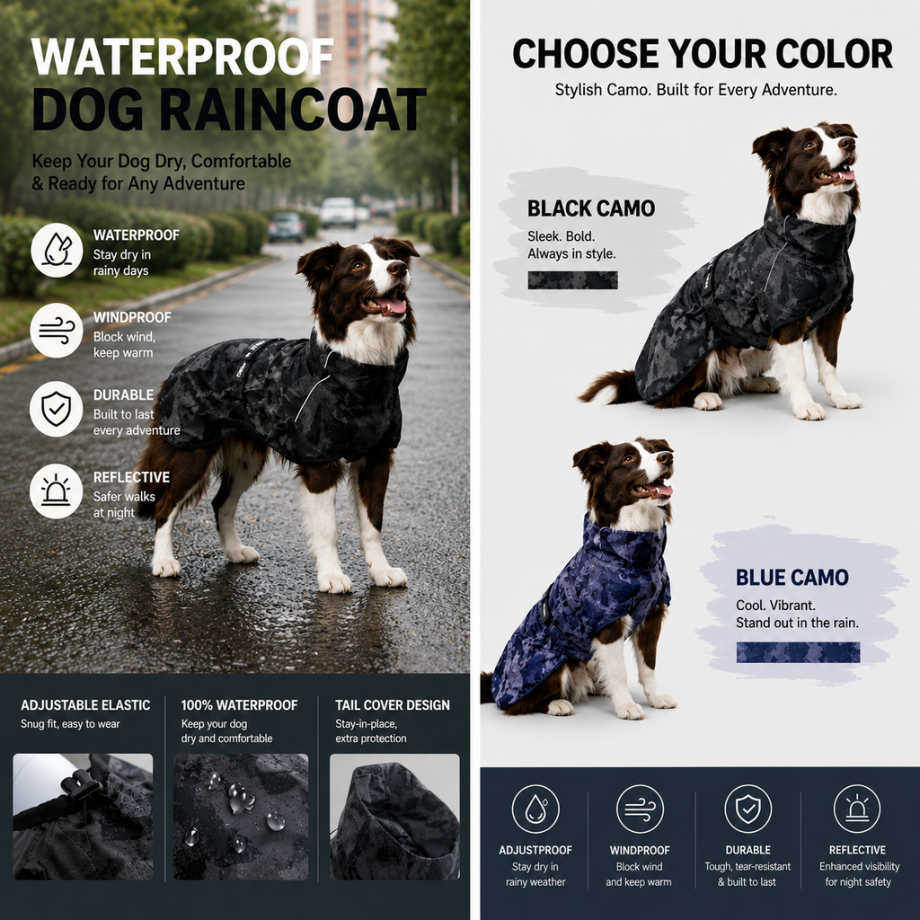 Waterproof Dog Raincoat – Camo Sport Rain Jacket with Reflective Trim | HoppePet